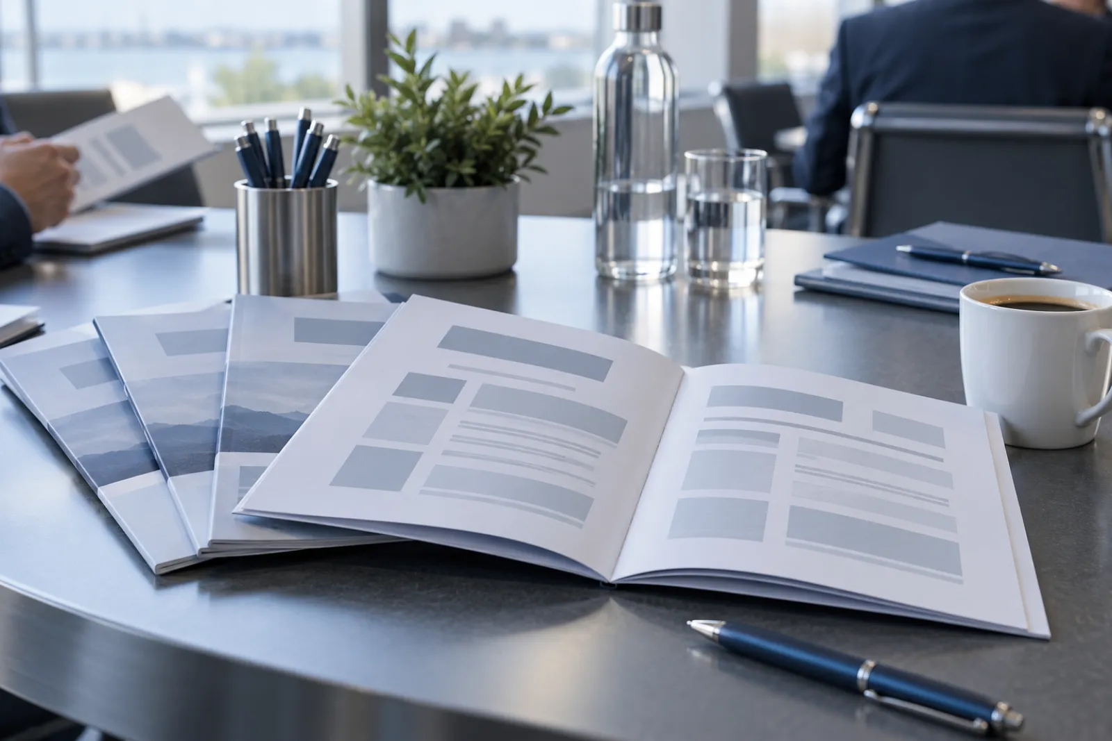 Printed multi-day conference agenda booklets fanned out on a conference table with pens and a coffee cup, pages showing only grey blocks, soft window light