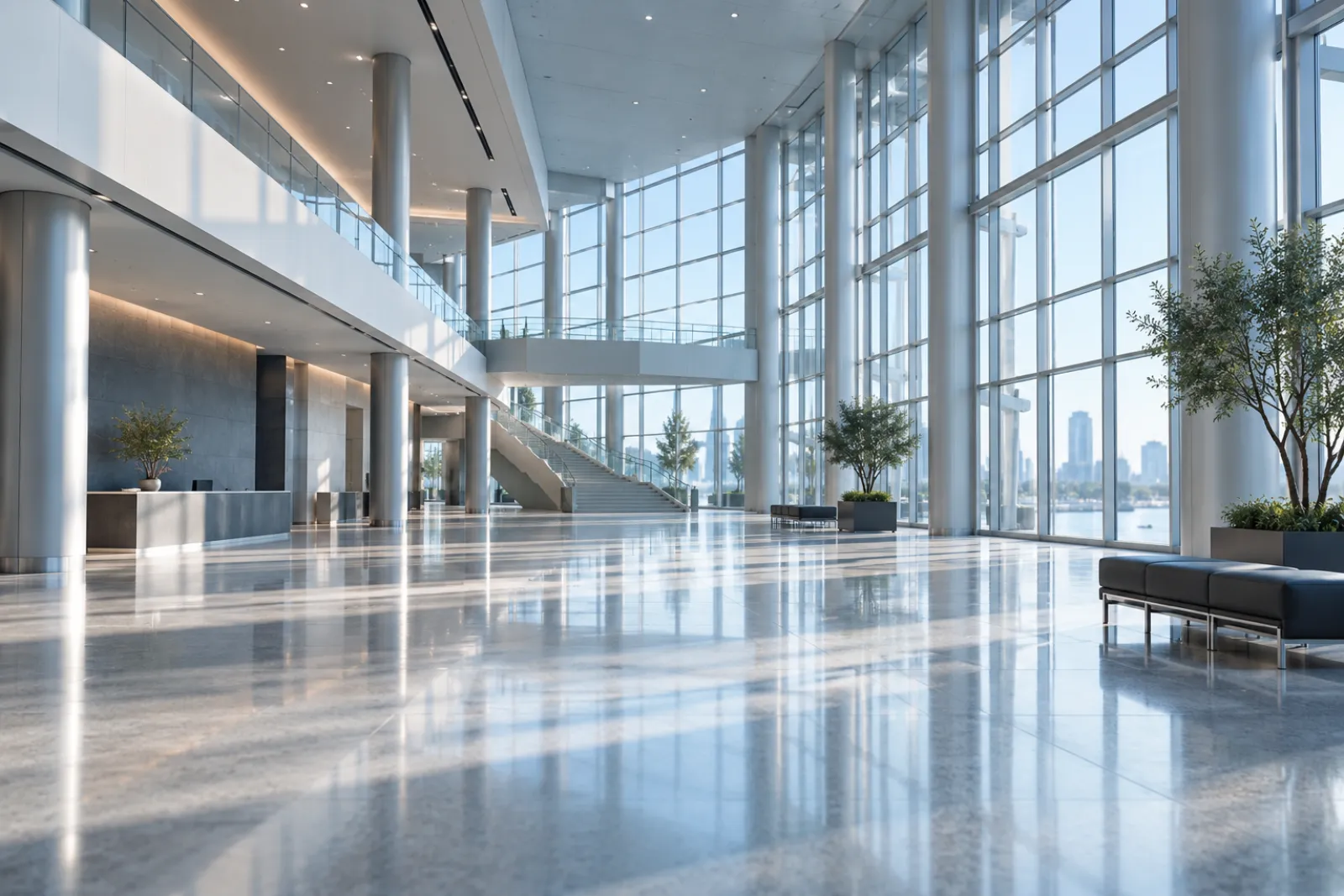 A large modern convention centre foyer, wide angle, empty, morning light through a glass facade, no signage text
