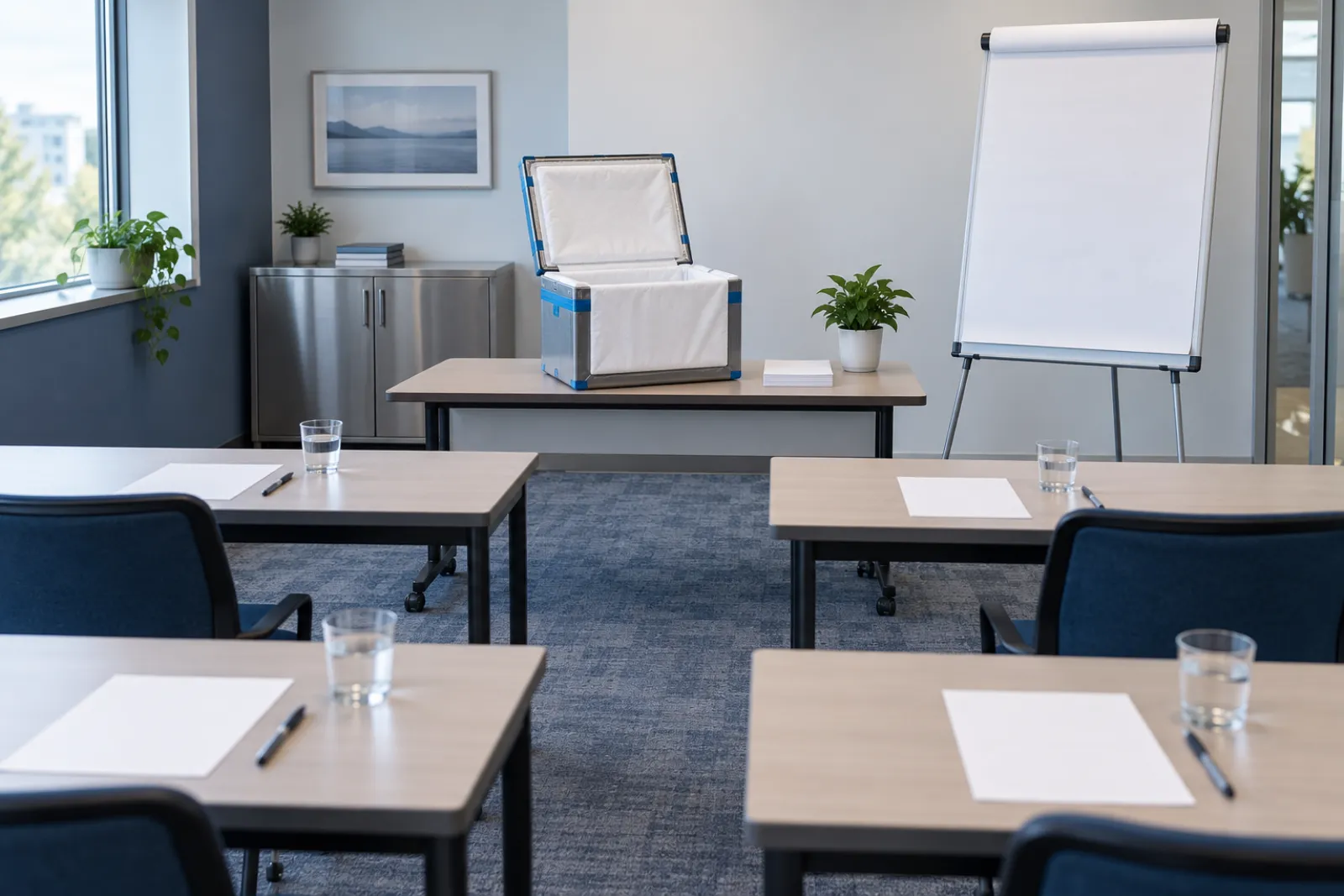 A small training room set for a case-study workshop: tables with blank handouts, a blank flip chart, an insulated shipper sample on the front table