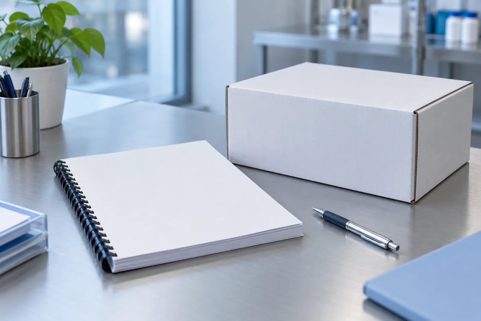 A bound printed report with a plain blank cover on a desk next to a closed pharmaceutical shipping carton and a pen, cool office light