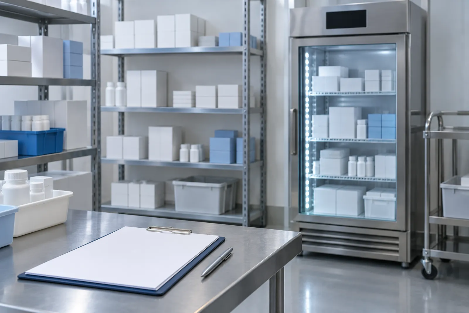 A clean pharmaceutical storage area with shelving, a temperature-controlled cabinet and a clipboard with blank forms, no people