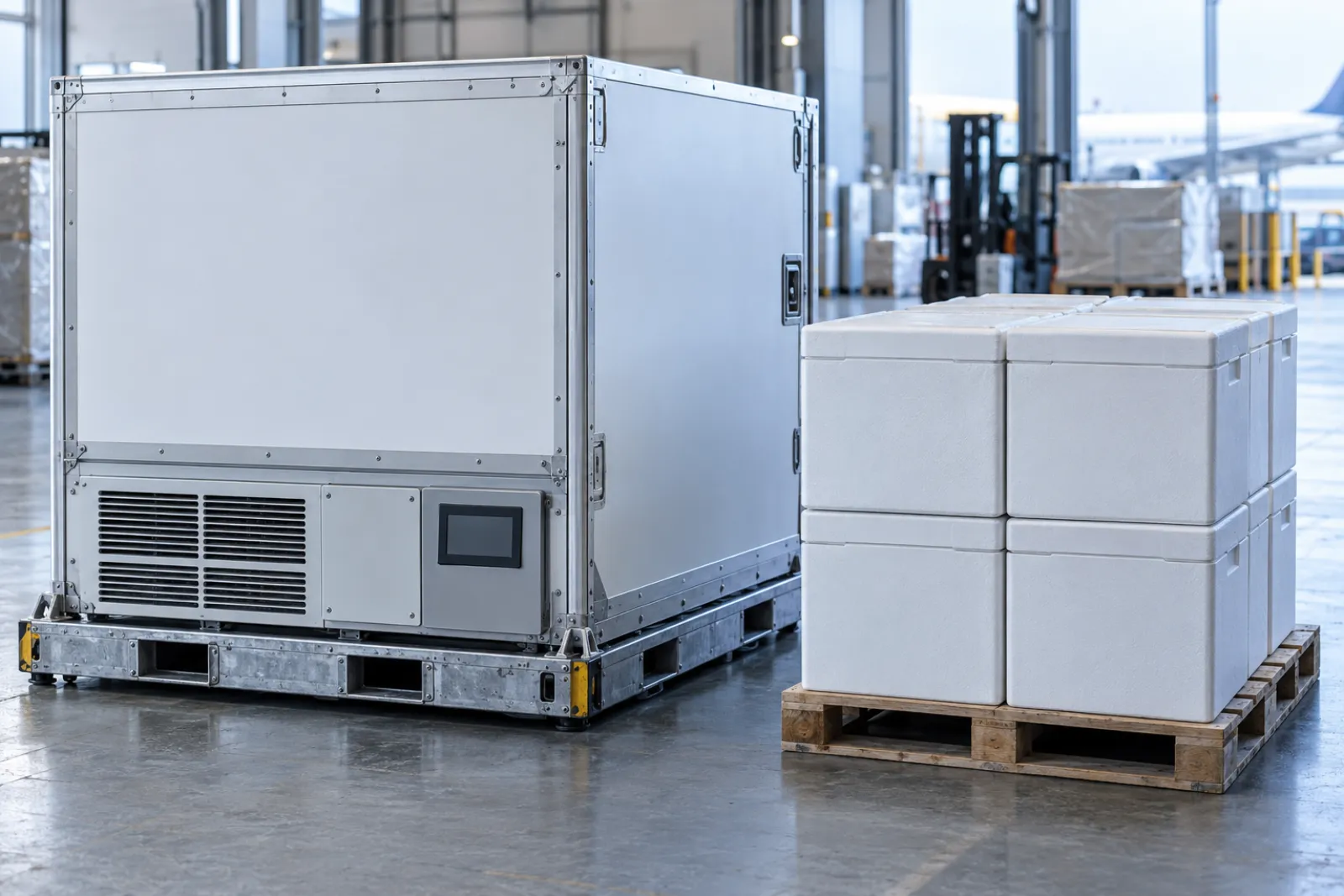 A powered temperature-controlled air cargo container with a small blank control panel beside a pallet of passive insulated shipping boxes on a warehouse floor