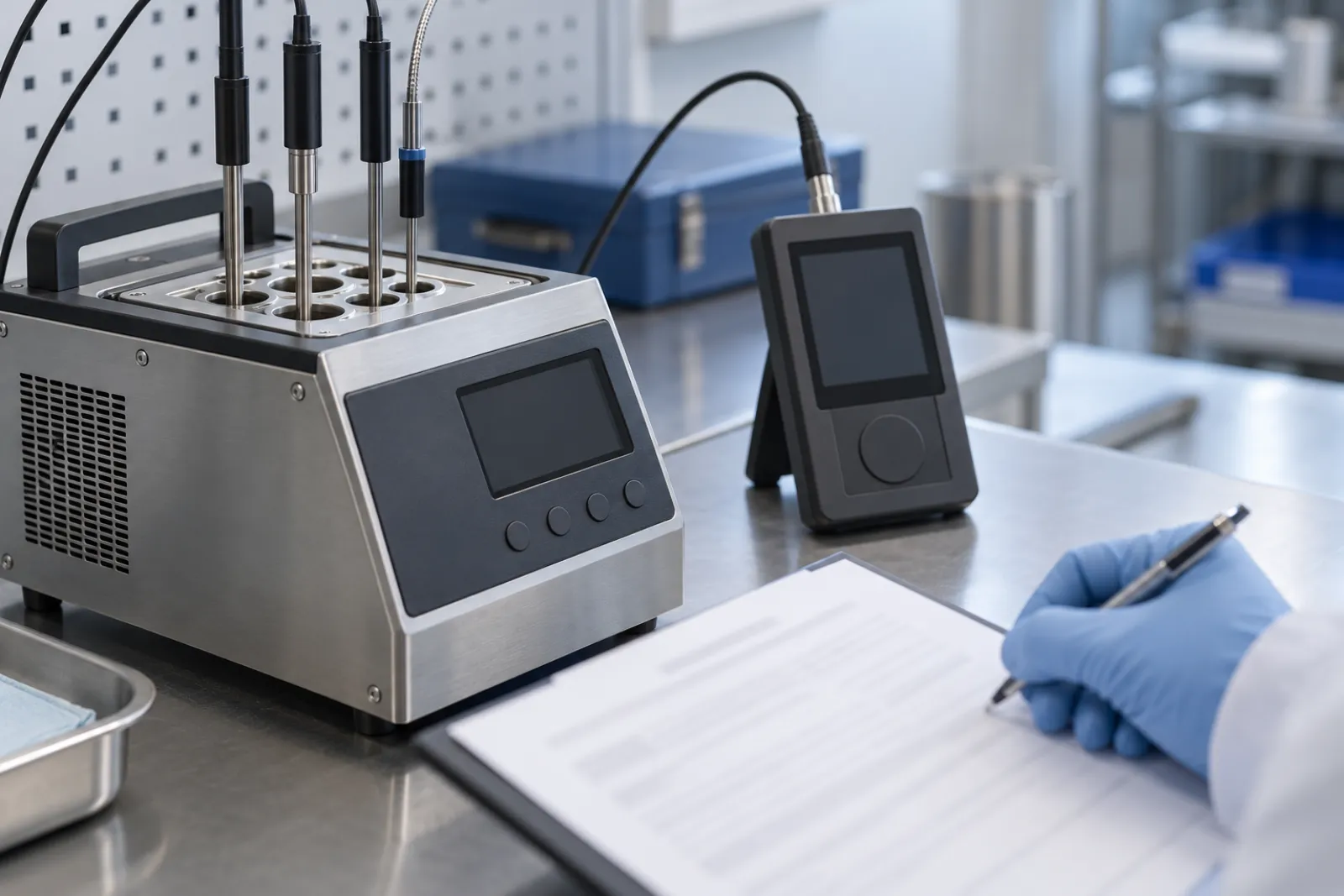 Calibration bench with temperature probes in a metal dry-block calibrator, a reference probe beside it, a blurred printed document with no readable text and a gloved hand