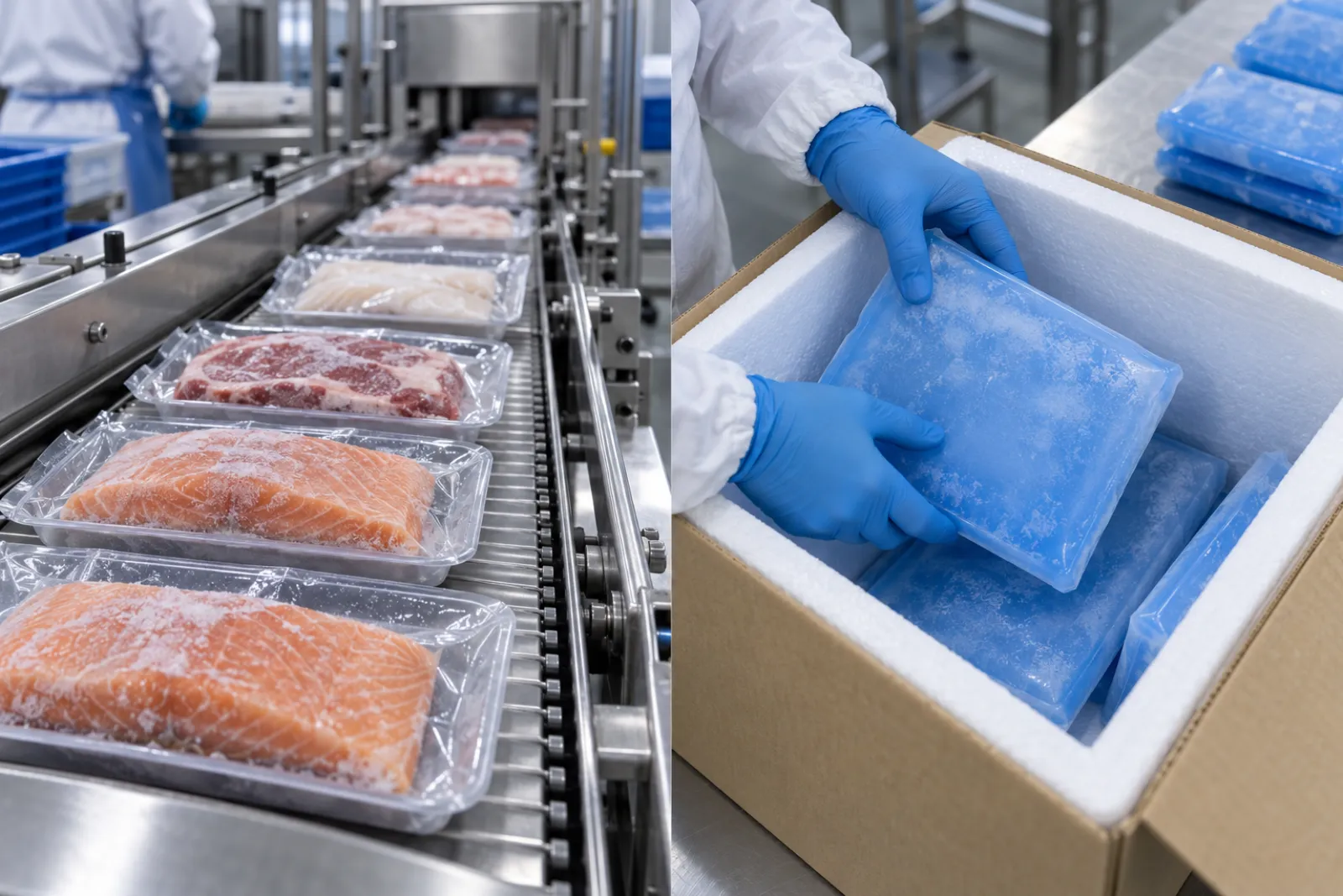 Split scene with vacuum-packed frozen food portions in trays on a conveyor on one side and an insulated delivery box being packed with frozen gel packs on the other