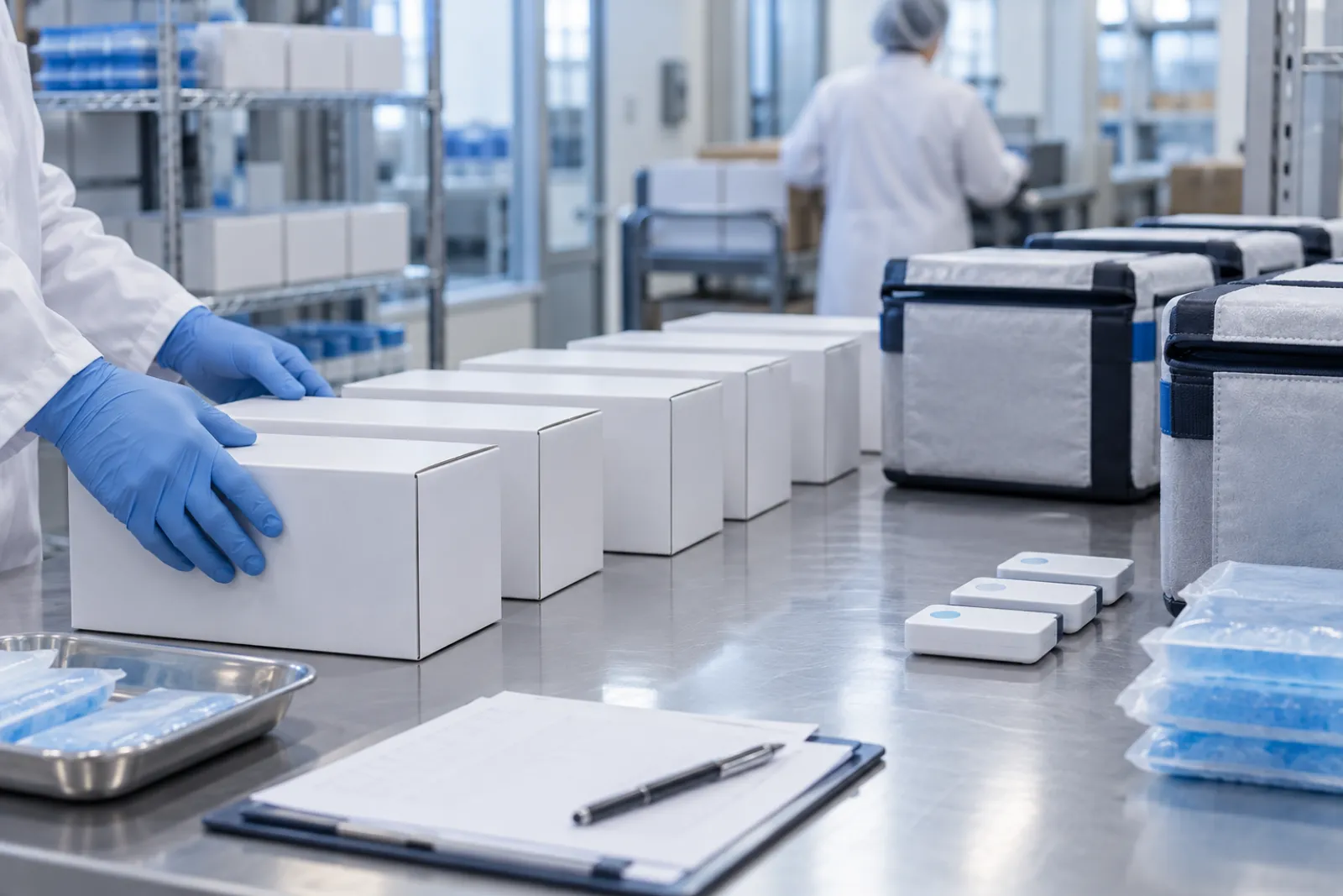 Plain white clinical trial kit boxes lined up on a bench beside compact insulated shippers and small data loggers, organised for dispatch