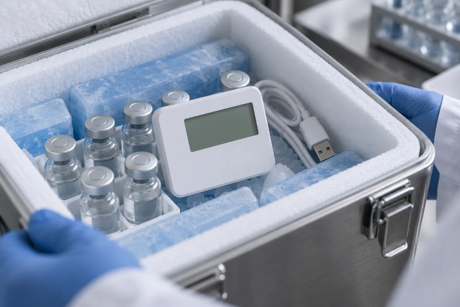 Macro view of a small generic white temperature data logger with a blank display lying among vials inside an open insulated box, with a USB cable nearby