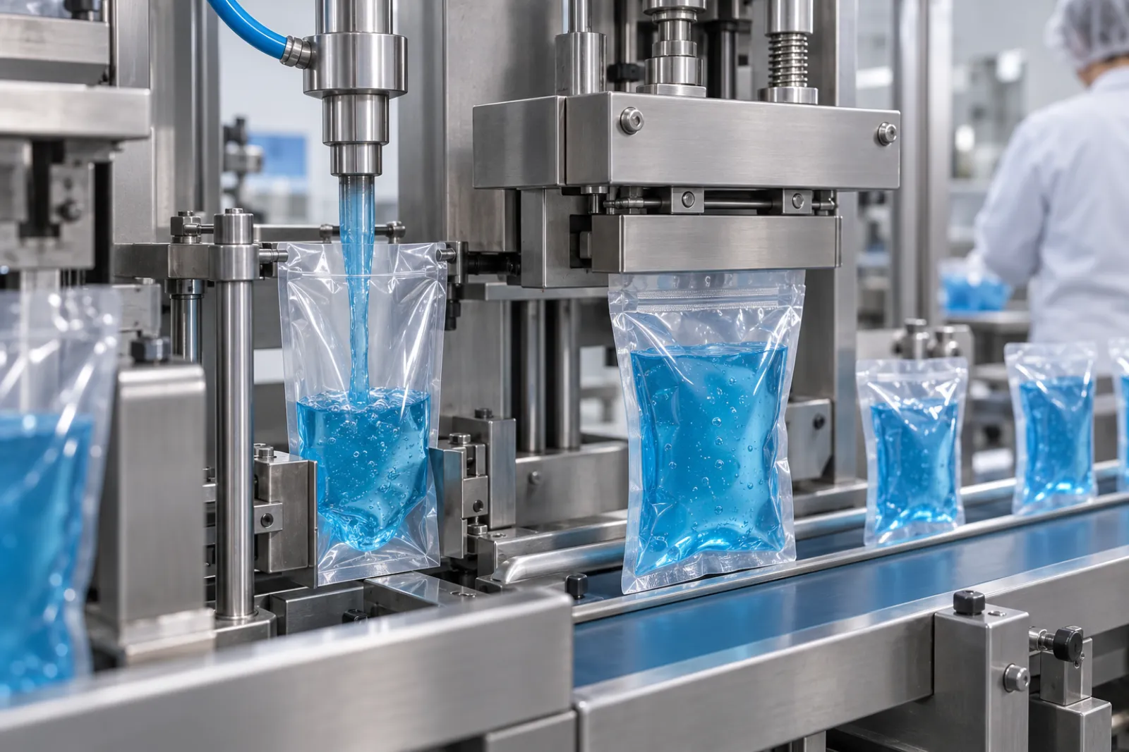 Stainless steel machine filling clear pouches with blue gel and heat-sealing them, with sealed packs moving along a conveyor