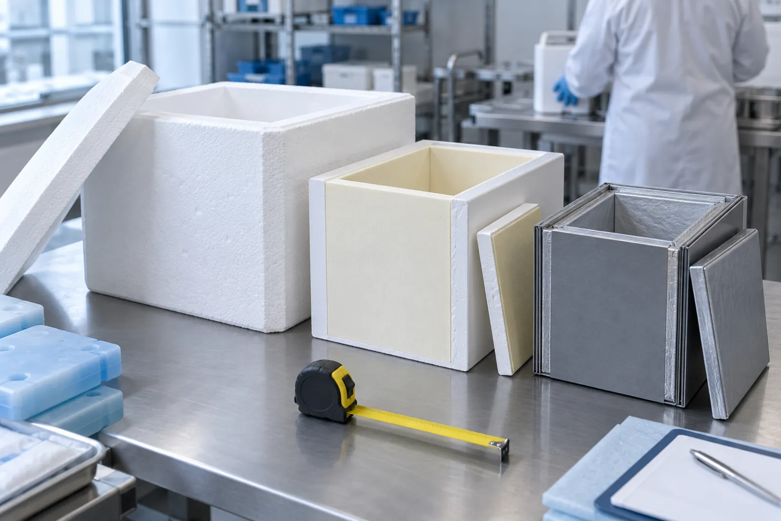 Insulated shippers of different sizes and wall types, including EPS, polyurethane and grey vacuum-insulated panels, on a stainless bench with one open to show wall thickness and a tape measure beside them