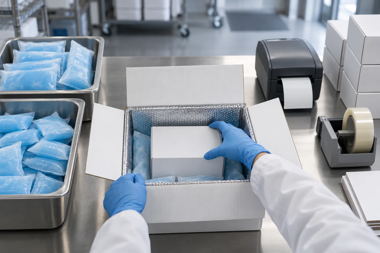 Organized packout workstation with bins of conditioned gel packs, an insulated box in the center, tape and a label printer, and gloved hands placing a product carton into the box