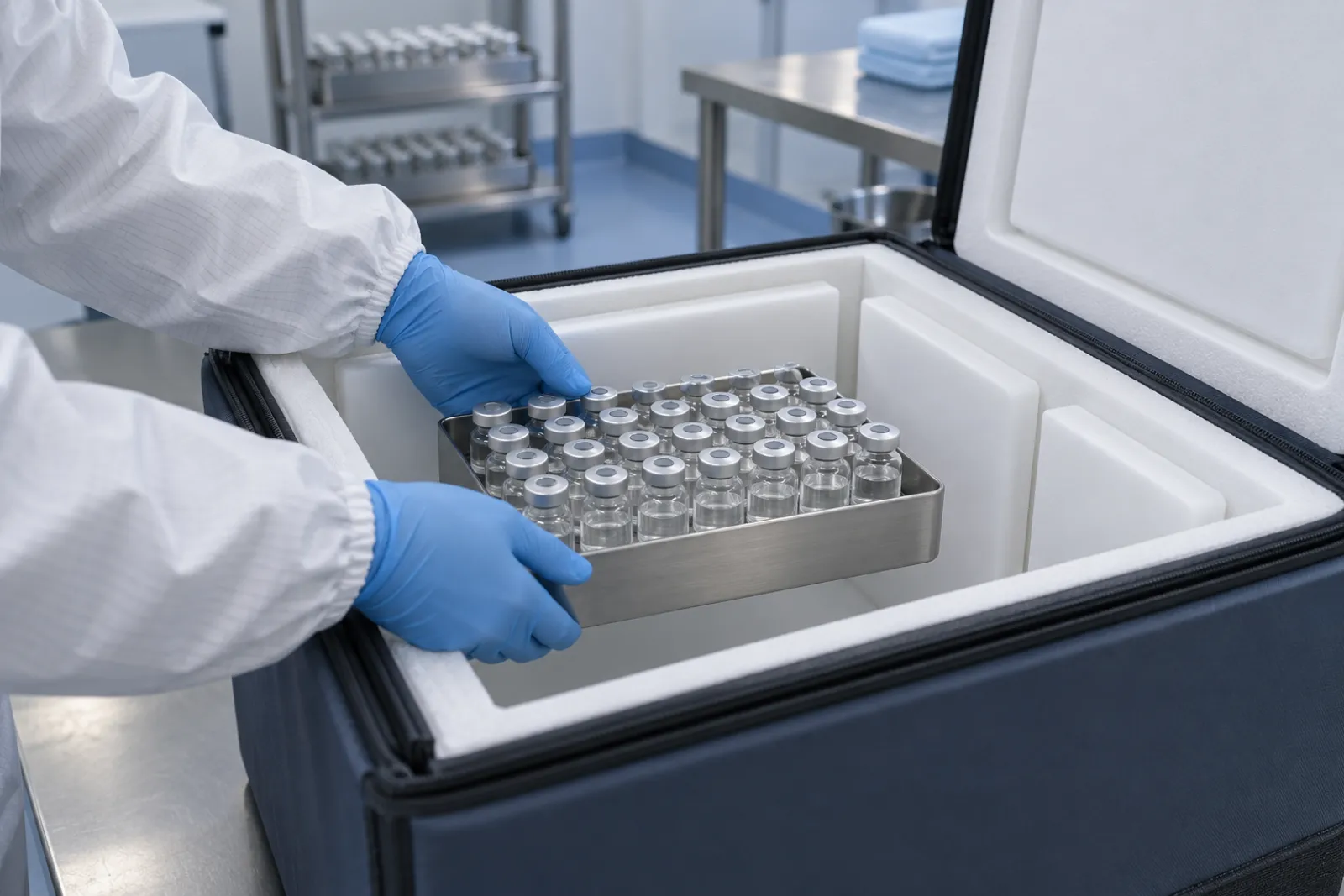 Gloved hands in white gown sleeves placing a tray of small unlabelled glass vials into an insulated shipper lined with phase change material panels in a clean-room style room