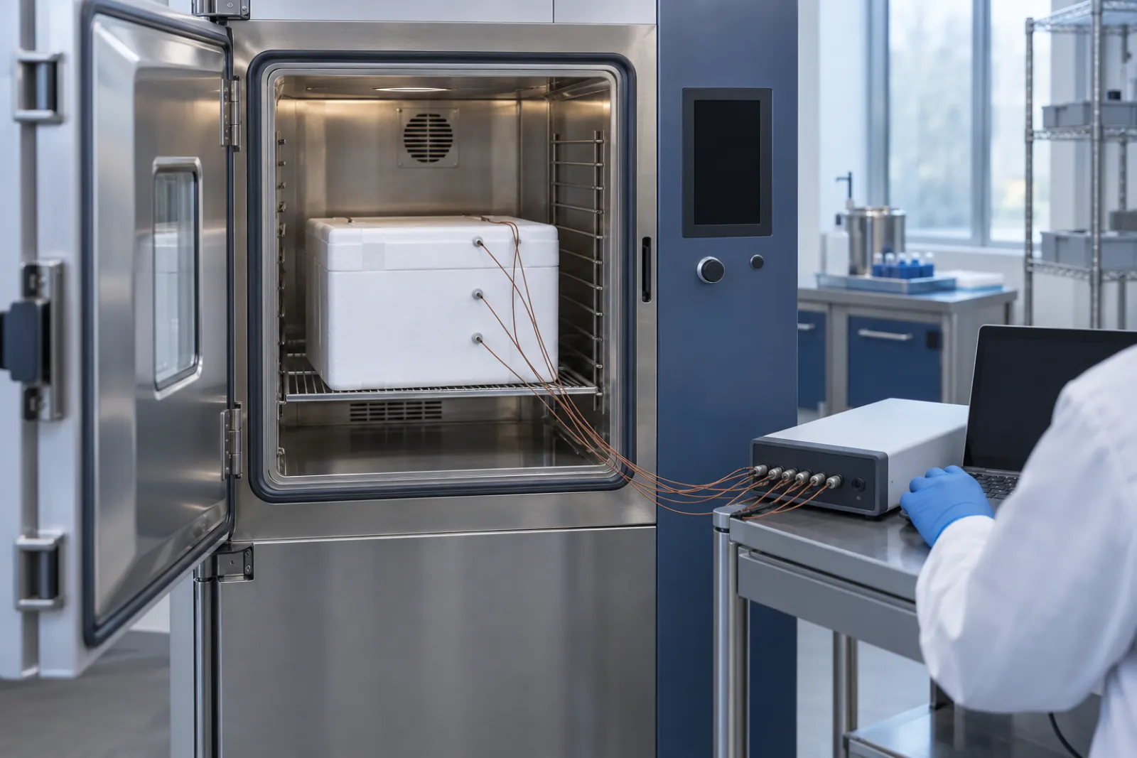 An environmental test chamber with its door open and an insulated shipper inside, thermocouple wires running out to a data acquisition unit