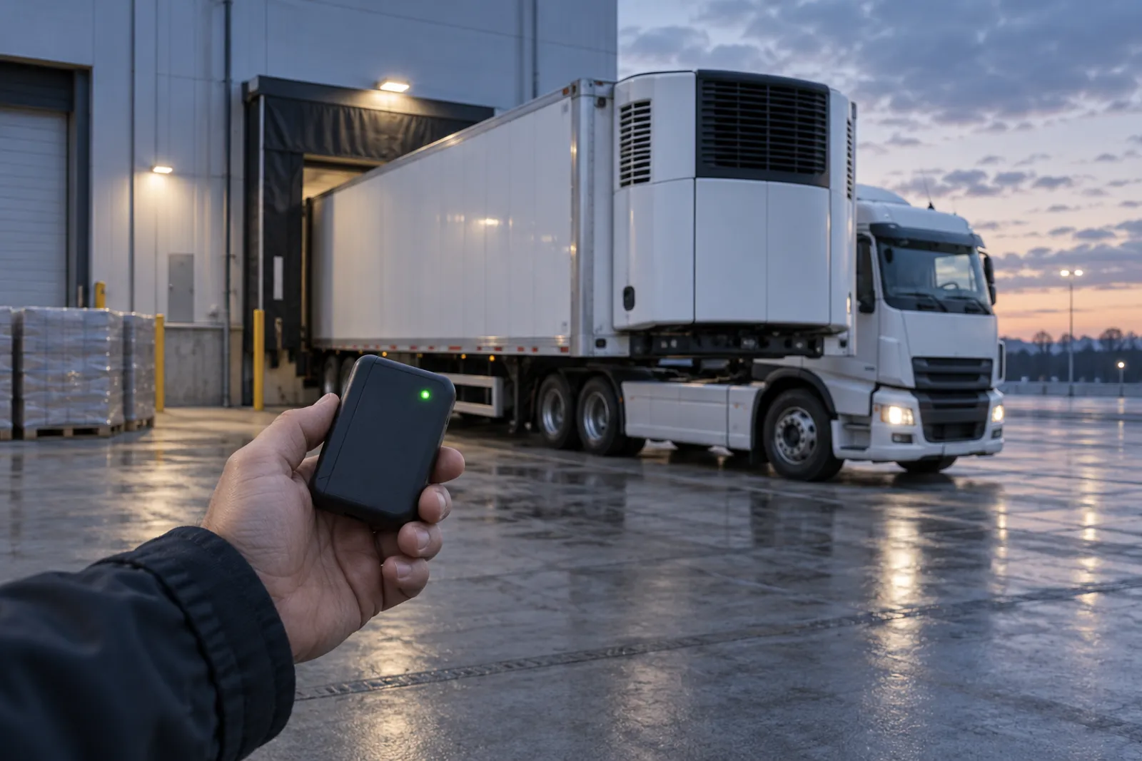 A refrigerated truck at a loading dock at dusk while a hand holds a small tracker device with a softly glowing status LED