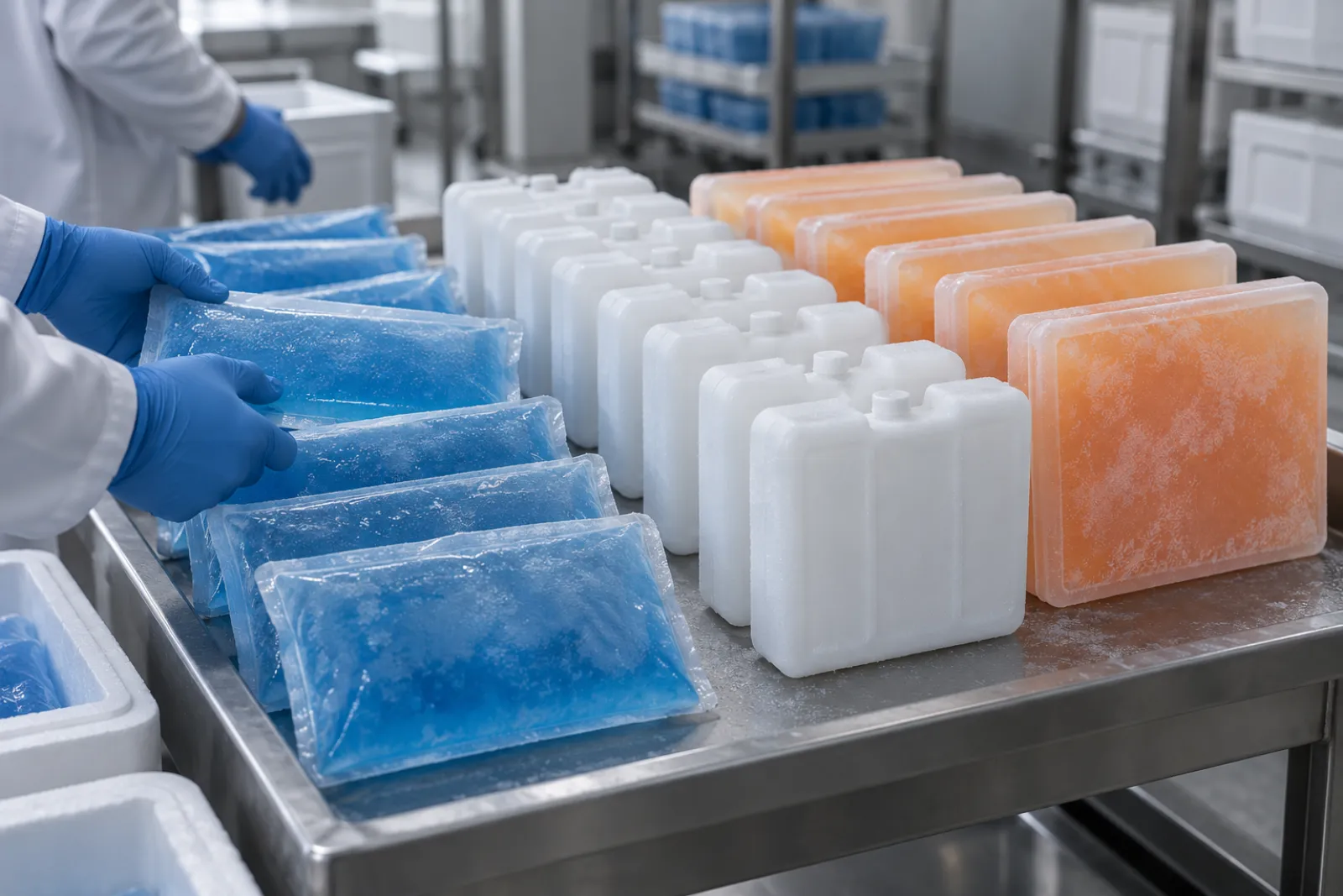 Rows of refrigerant packs on a steel tray, including translucent blue water-based gel packs, rigid white PCM bricks and orange-tinted PCM panels, with light frost on some