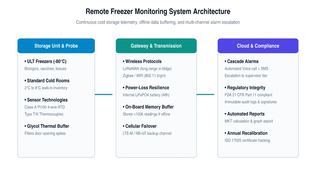 Architecture schematic of a remote freezer monitoring system connecting probes to gateways, local buffering, and secure cloud alerting