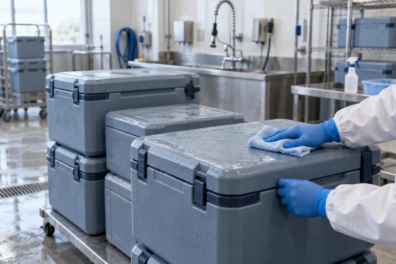 Returned reusable rigid thermal shippers with durable grey-blue plastic shells stacked in a cleaning and inspection area, with gloved hands wiping one and a wash station behind