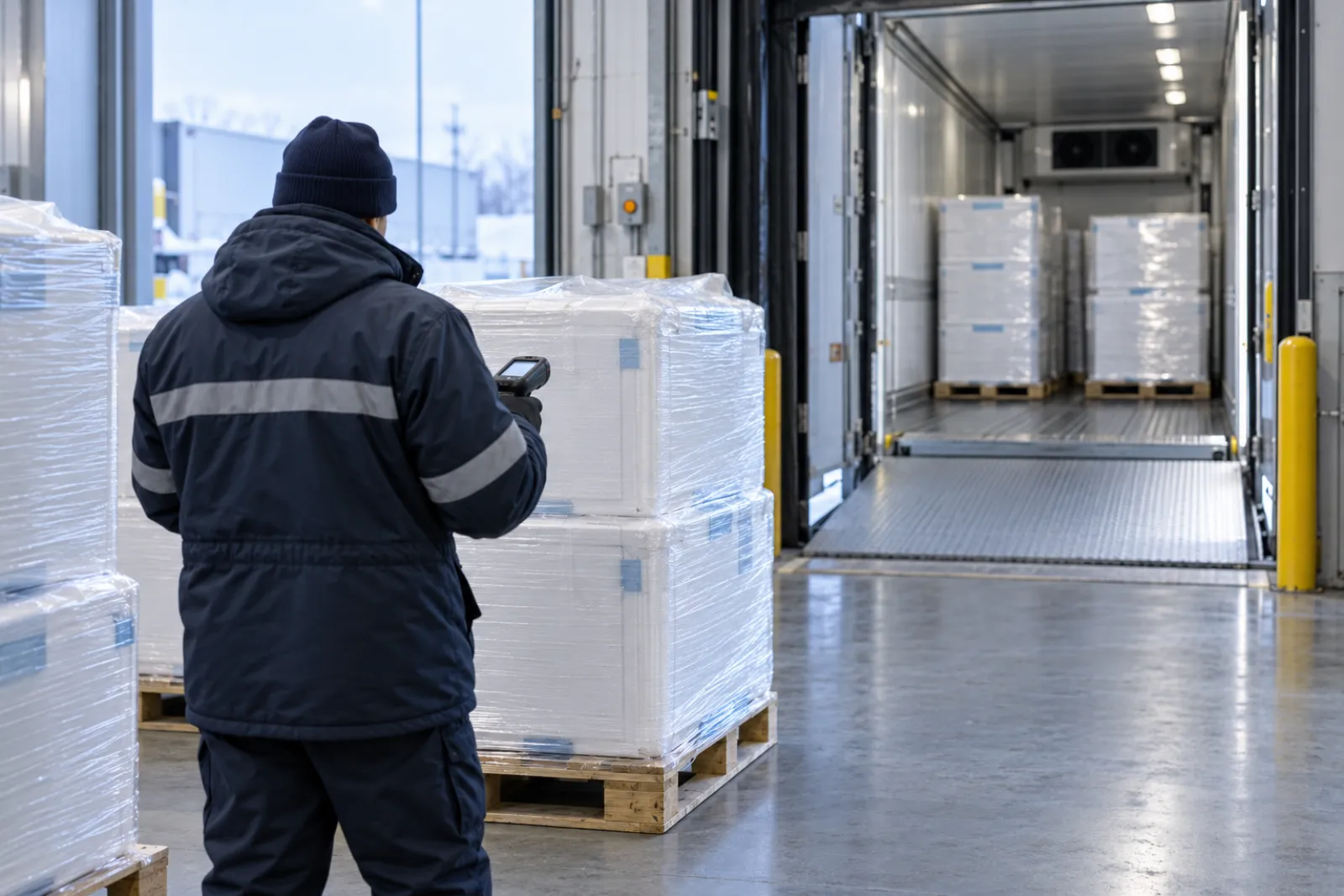 Refrigerated dispatch dock with film-wrapped pallets of insulated shippers near an open refrigerated trailer and a worker seen from behind holding a handheld scanner