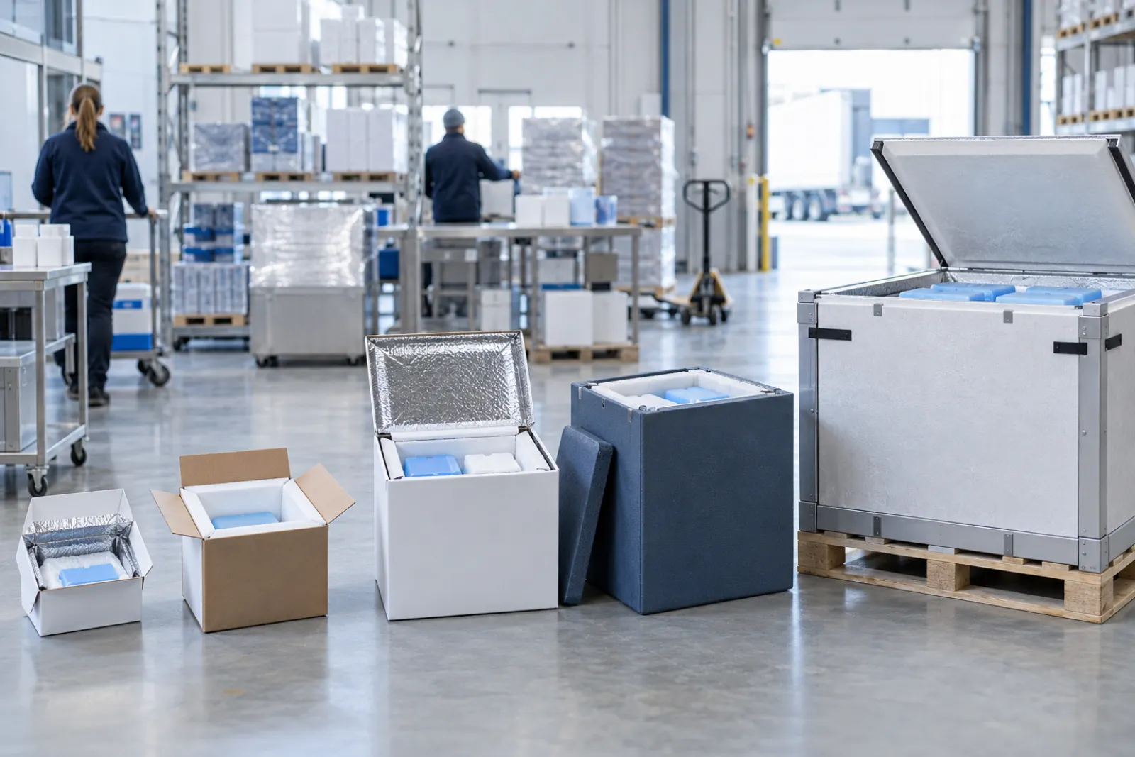 Illustrative image of insulated cold chain shippers and refrigerant packs